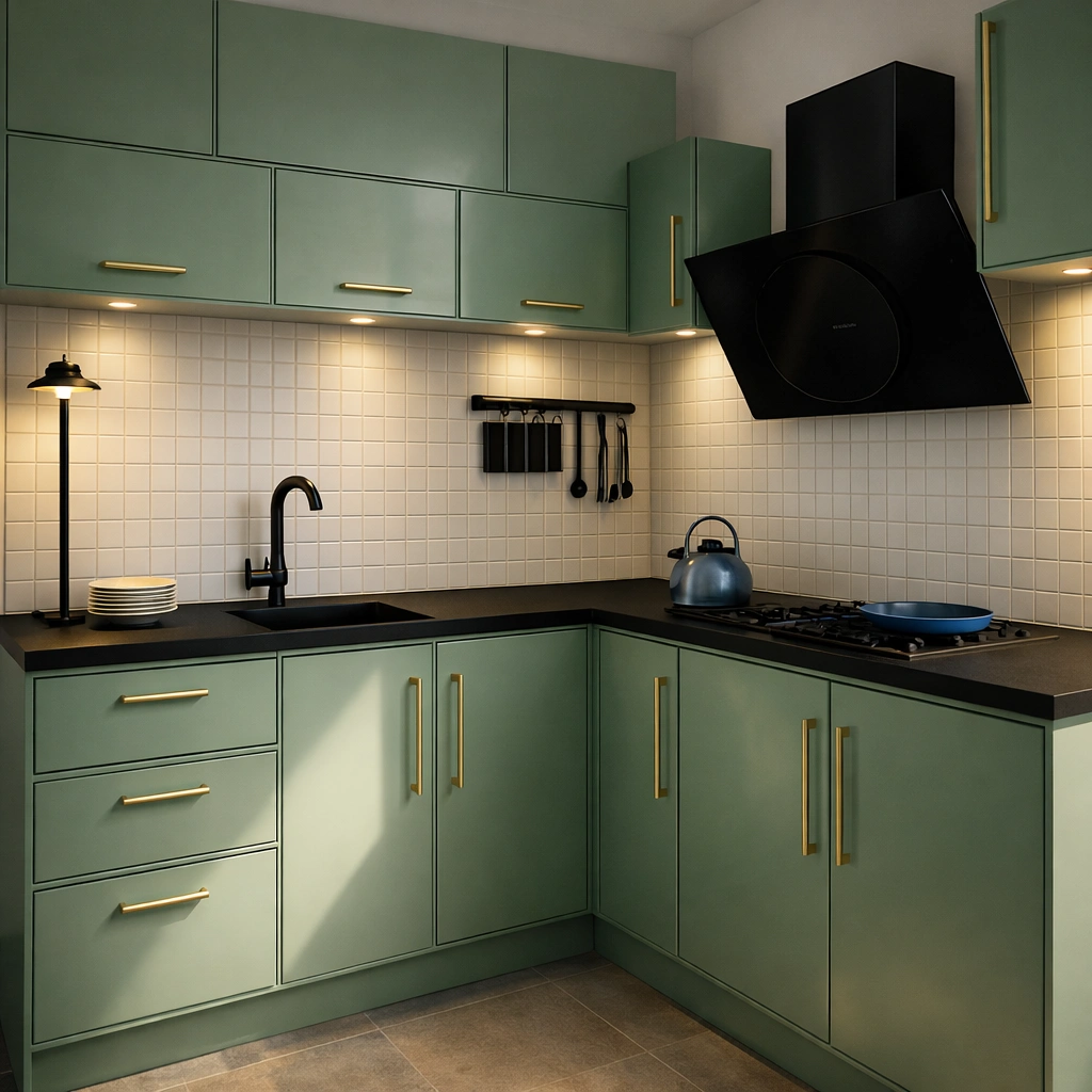 Small Kitchen Design | Sage Green Modular Kitchen - Image 1
